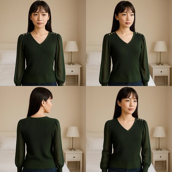 Rio & Rian Green Sheer Sleeve Ribbed Knit Sweater Top S Button Shoulders - Picture 1 of 7